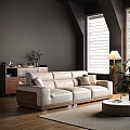 Modern Living Room Interior Design With White Leather Sofa White Shutters And Wooden Cabinet