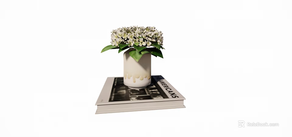White Hydrangea Flowers In Ceramic Vase With Drip Design On Stacked Books 3d model 
