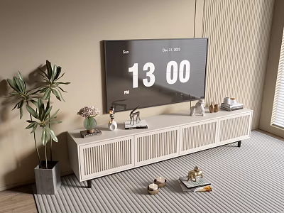 Modern White TV Stand In Living Room With TV Decorations And Green Plants 3d model