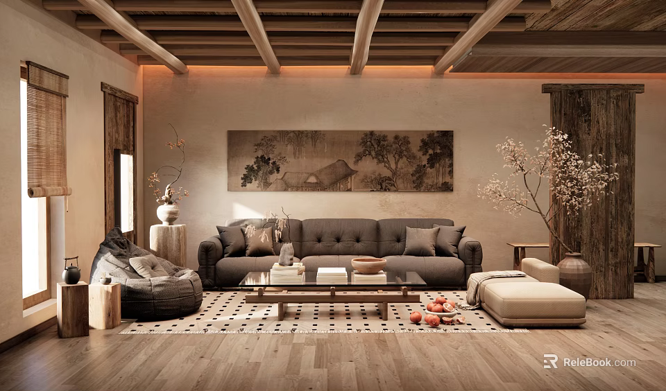 Cozy Living Room With Wooden Ceiling Beams Warm Lighting Large Landscape Painting And Gray Sofa 3d model 