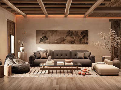 Cozy Living Room With Wooden Ceiling Beams Warm Lighting Large Landscape Painting And Gray Sofa 3d model