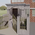 Elegant Entrance Gate Featuring Stone Structure Brown Door Golden Iron Fence Steps And Black Lanterns
