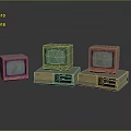Three Vintage Computer Monitors With Green Screens On Dark Reflective Surface