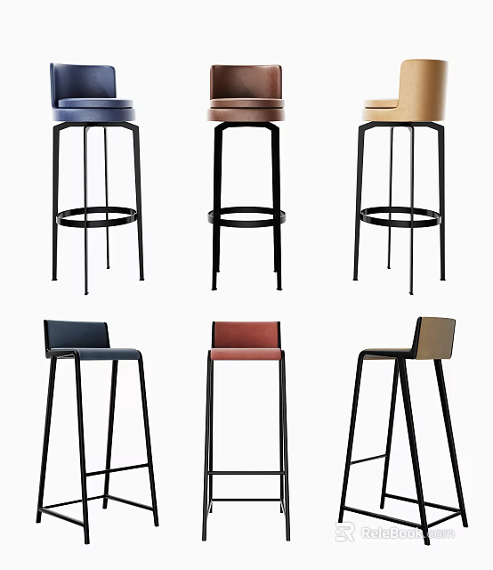 Stylish Modern Bar Stools With Multicolor Leather Seats And Black Metal Frames 3d model
