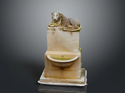 Lion Statue Lying On Top Of Stone Fountain With Basin And Base 3d model