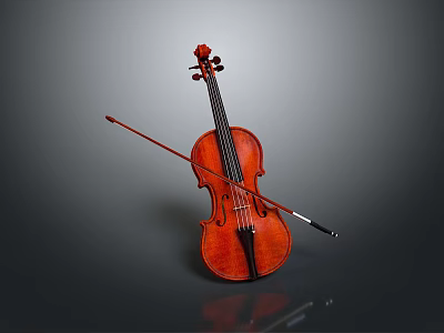 Traditional Brown Violin With Wooden Bow And Classical Musical Instrument Design 3d model