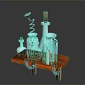 Light Blue Glass Bottles Of Various Sizes On Wooden Tray With Corkscrew