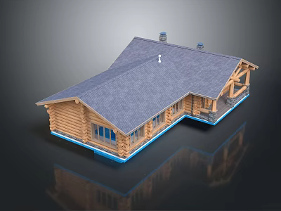 Log Cabin Exterior With Gray Roof Chimneys Wooden Porch And Log Walls Design 3d model