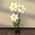 Floral Display with White Flowers Yellow Centers Green Leaves in Brown Vase on Light Background