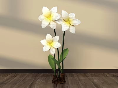 Floral Display with White Flowers Yellow Centers Green Leaves in Brown Vase on Light Background 3d model
