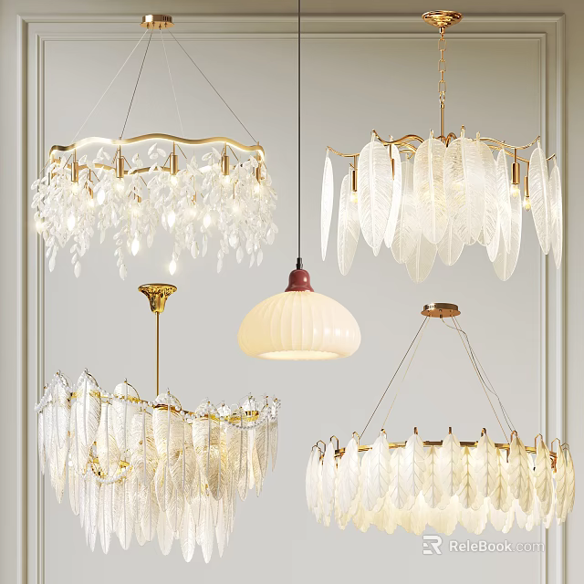 Elegant Pendant Lighting Combinations With Crystal Leaf Designs And White Shades 3d model