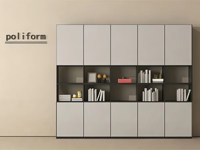 Poliform Gray File Cabinet With Multiple Doors And Open Shelves Storing Books And Decorative Items 3d model