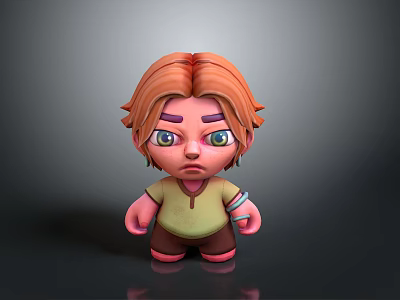 Cute 3D Cartoon Character With Orange Hair Green Eyes Frowning Expression And Arm Bandage 3d model