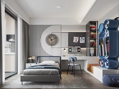 Modern Kids Room Interior Design With Bed Desk Chair Wall Clock And Decorative Paintings 3d model