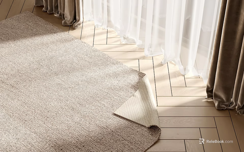Beige Woven Square Rug on Wooden Floor with Natural Light and White Curtains 3d model 