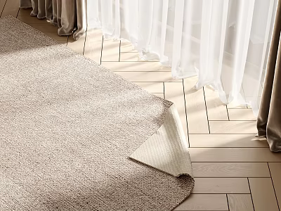 Beige Woven Square Rug on Wooden Floor with Natural Light and White Curtains 3d model