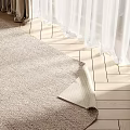 Beige Woven Square Rug on Wooden Floor with Natural Light and White Curtains