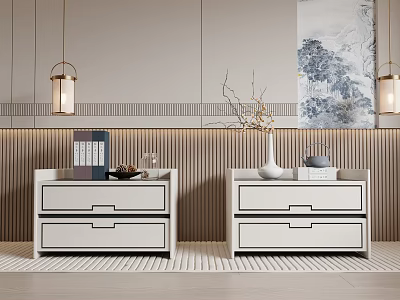 Modern White Nightstands With Drawers Decorative Items Pendant Lights And Wall Art On Wooden Wall 3d model