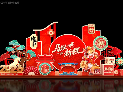 Red Themed New Year Art Installation With Horse Element Fortune Character And Traditional Decorations 2026 3d model