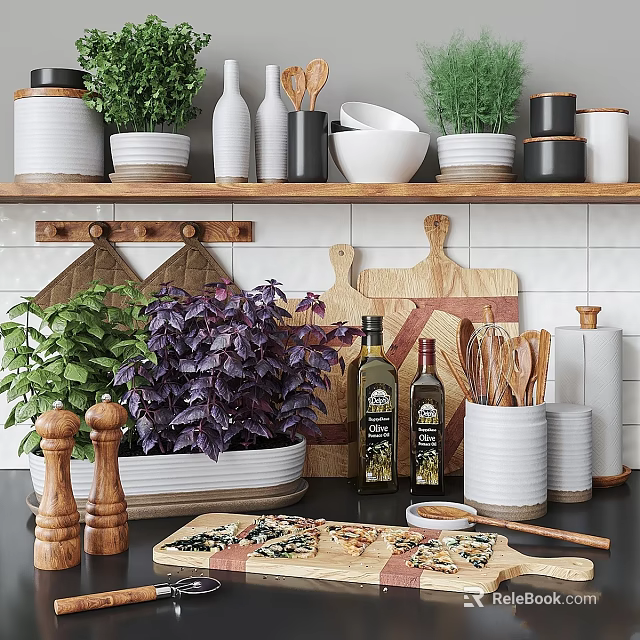 Organized Kitchen Tools Display with Wooden Shelf Jars Bowls Herbs and Cutting Boards 3d model 