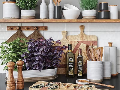 Organized Kitchen Tools Display with Wooden Shelf Jars Bowls Herbs and Cutting Boards 3d model
