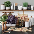 Organized Kitchen Tools Display with Wooden Shelf Jars Bowls Herbs and Cutting Boards