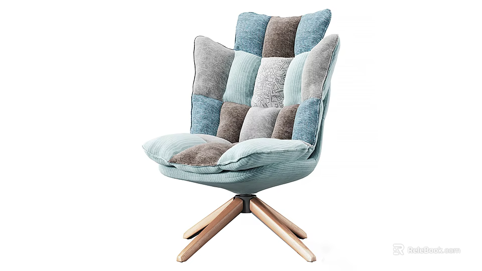 Comfortable Wingback Accent Chair With Blue Gray Brown Patchwork Velvet Upholstery And Wooden Tripod Base 3d model 