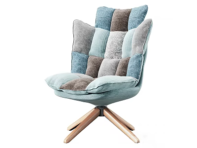 Comfortable Wingback Accent Chair With Blue Gray Brown Patchwork Velvet Upholstery And Wooden Tripod Base 3d model