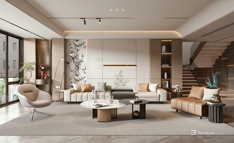 Elegant Modern Living Room Interior Design With Beige Sofas Coffee Table And Decorative Wall Panel 3d model 
