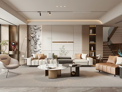 Elegant Modern Living Room Interior Design With Beige Sofas Coffee Table And Decorative Wall Panel 3d model