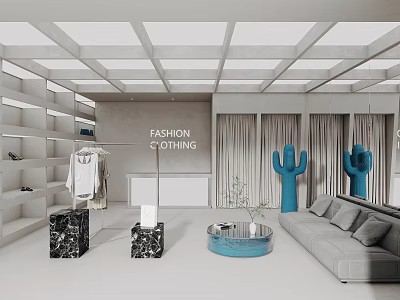 Elegant Modern Clothing Store Interior With Display Racks Clothes Sofa And Blue Decor 3d model