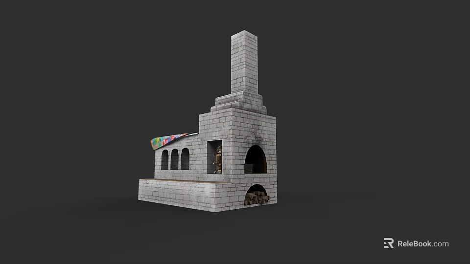 Traditional Stone Fireplace With Arched Chimney Design And Colorful Accents 3d model 