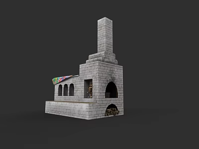 Traditional Stone Fireplace With Arched Chimney Design And Colorful Accents 3d model