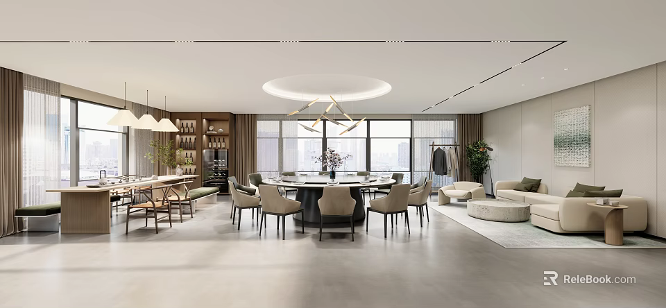 Modern Private Room Interior With Round Dining Table Sofa Chandelier And Large Windows 3d model 