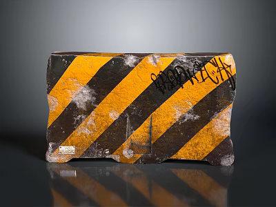 Worn Road Barrier Block With Yellow Black Diagonal Stripes And Graffiti 3d model