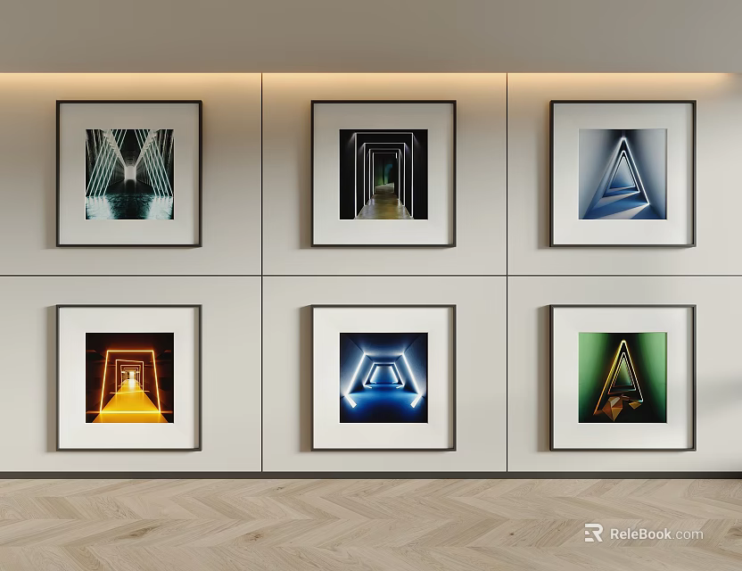 Six Framed Artworks With Geometric Shapes On White Wall And Herringbone Floor 3d model 