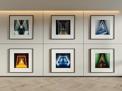 Six Framed Artworks With Geometric Shapes On White Wall And Herringbone Floor 3d model