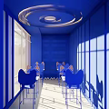 Cat Planet Themed Blue Outdoor Restaurant With Colorful Decor Dining Tables And Staircase