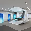 Modern Exhibition Hall Interior Design With White Geometric Stand Blue Screens And Ceiling Lights
