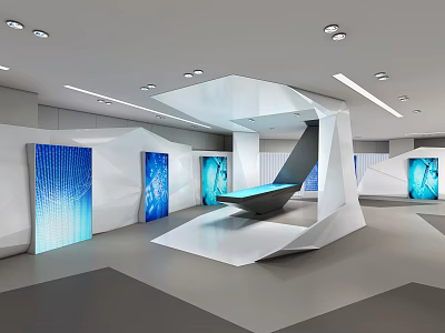 Modern Exhibition Hall Interior Design With White Geometric Stand Blue Screens And Ceiling Lights 3d model