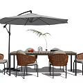 Outdoor Table and Chair Set with Woven Rattan Chairs Rectangular Table White Parasol and Plant 3d model