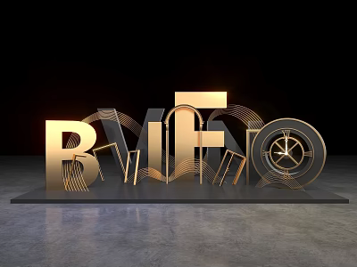 Golden Illuminated 3D Letters RIFIO with Geometric Lines on Black Background and Gray Floor 3d model