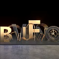 Golden Illuminated 3D Letters RIFIO with Geometric Lines on Black Background and Gray Floor