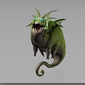 Green Fantasy Creature With Sharp Teeth Multiple Eyes Leaf Like Appendages And Curled Tail 3d model