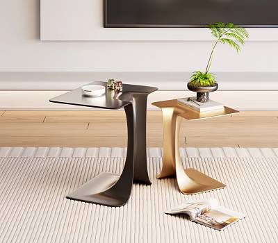 Modern Black And Gold Metal Side Tables With Potted Plant And Magazine On Carpet 3d model
