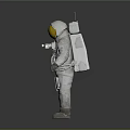 Man Astronaut in White Spacesuit with Gold Helmet and Life Support Gear against Gray Background