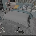 Cozy Children's Bed With Colorful Pillows Soft Blanket And Toys On Carpet