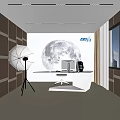 Modern Public Office Space with Large Moon Graphic White Desk Computer and Windows 3d model