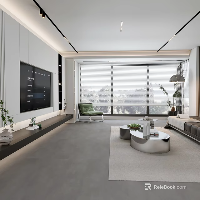 Modern Living Room Interior With TV Wall Floor to Ceiling Windows Sofa And Plants 3d model 