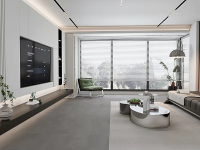 Modern Living Room Interior With TV Wall Floor to Ceiling Windows Sofa And Plants 3d model